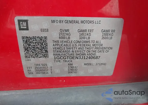 2018 Chevrolet Colorado Z71 z USA, uszkodzony, nr VIN 1GCGTDEN3J1240687